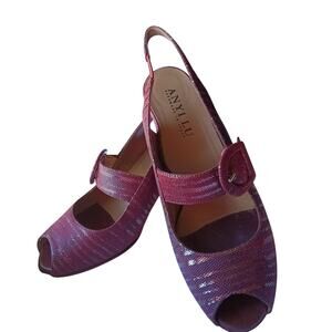 ANYI LU Burgundy Snakeskin/Metallic Leather Slingback Peep Toe - 38.5 EU / 8 US